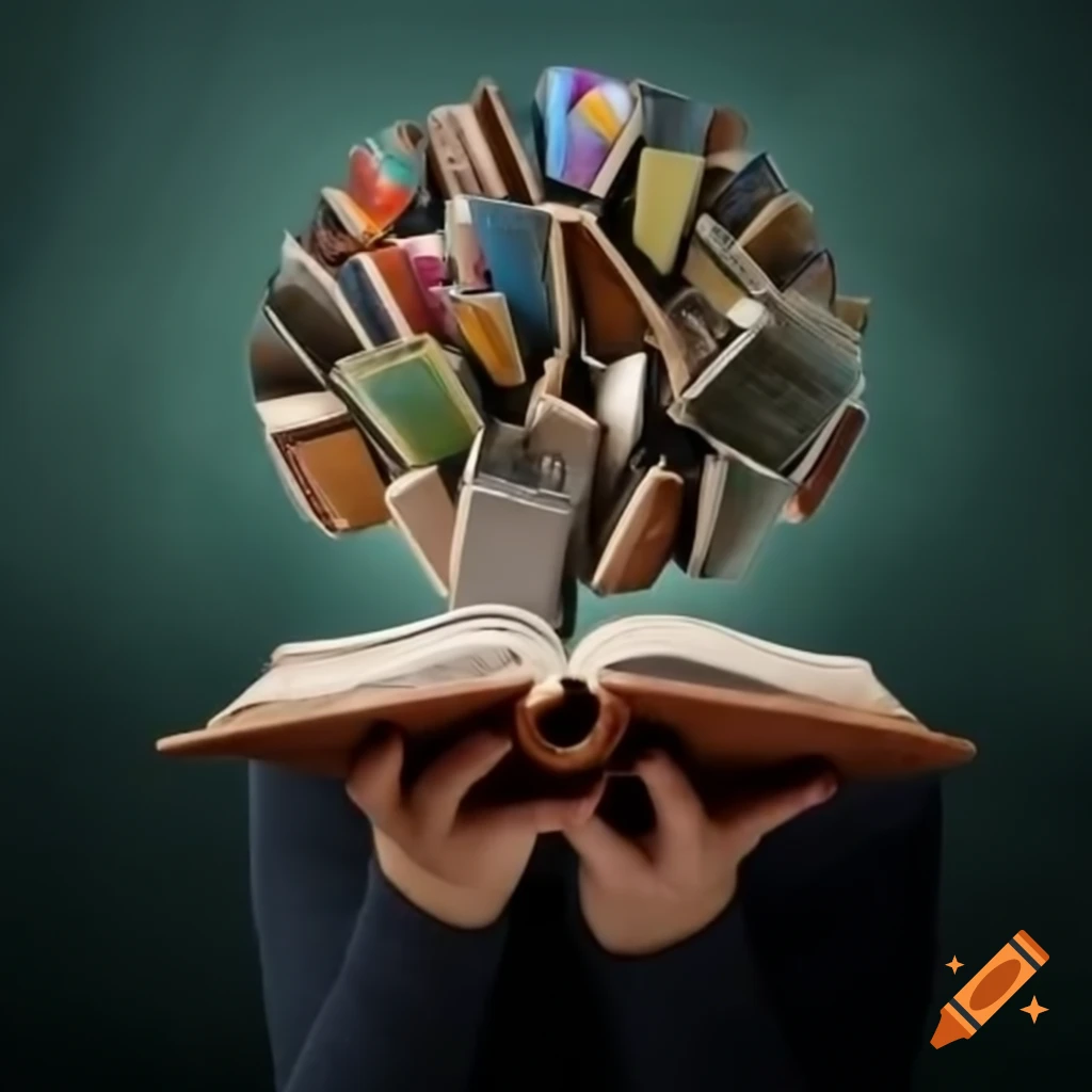 Surreal depiction of a book reading a student's mind on an island