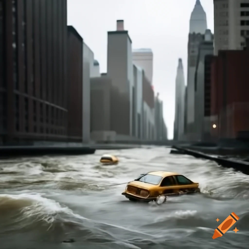 Choppy water near Lower Manhattan with skyscrapers in heavy rain