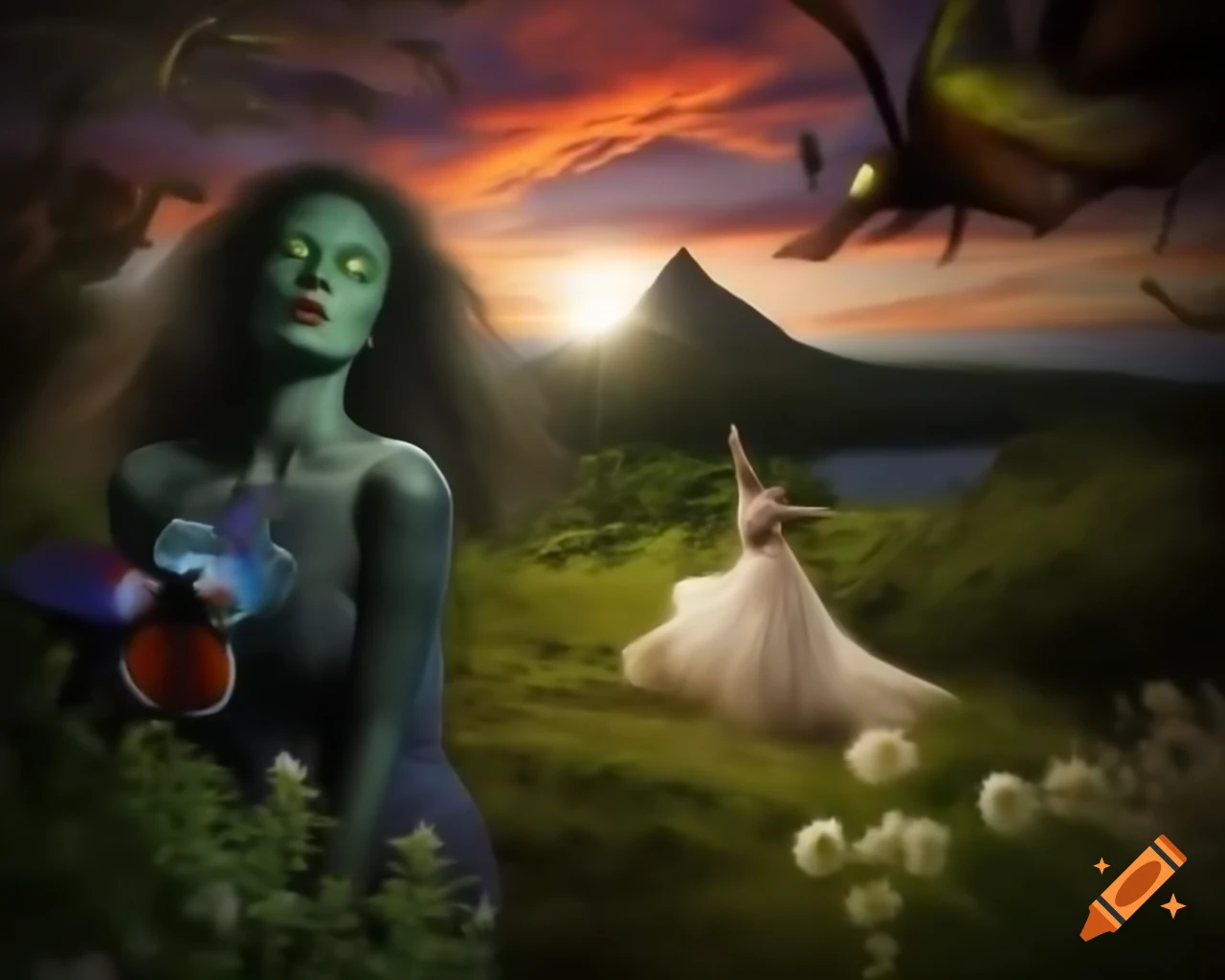 Surreal lifelike woman surrounded by ancient trees and wildflowers