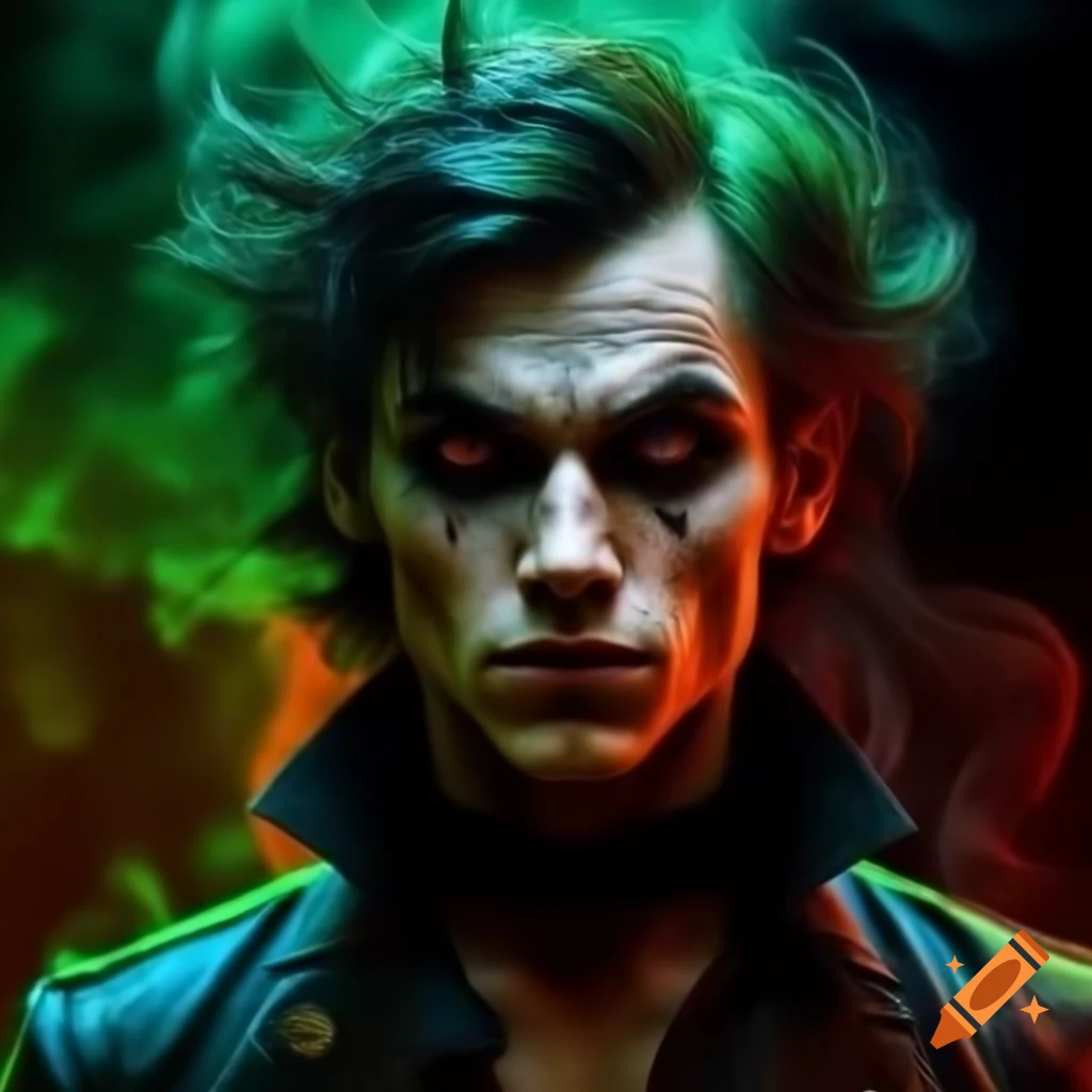 Psychedelic hyper-realistic male vampire with messy hair and green smoke background