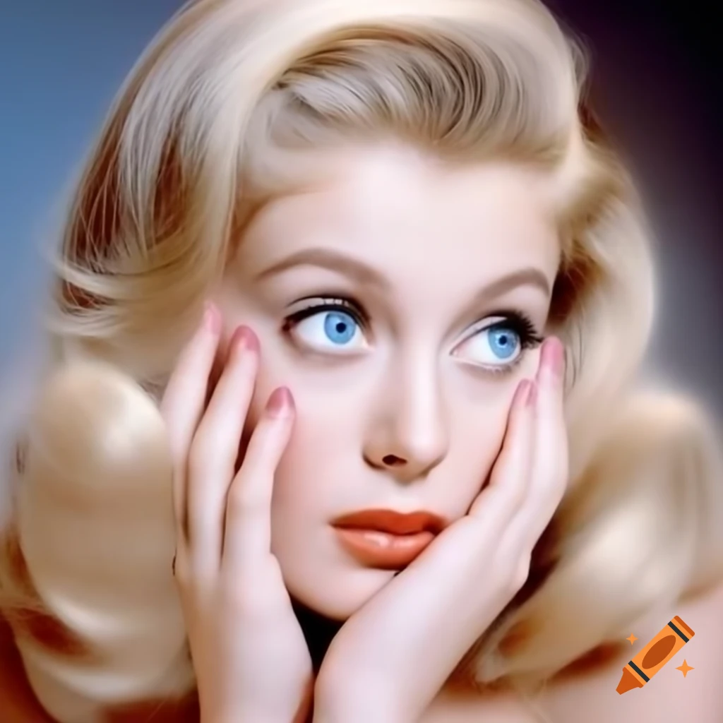 Hyper-realistic portrait of a beautiful 1960s European actress with porcelain skin and striking blue eyes