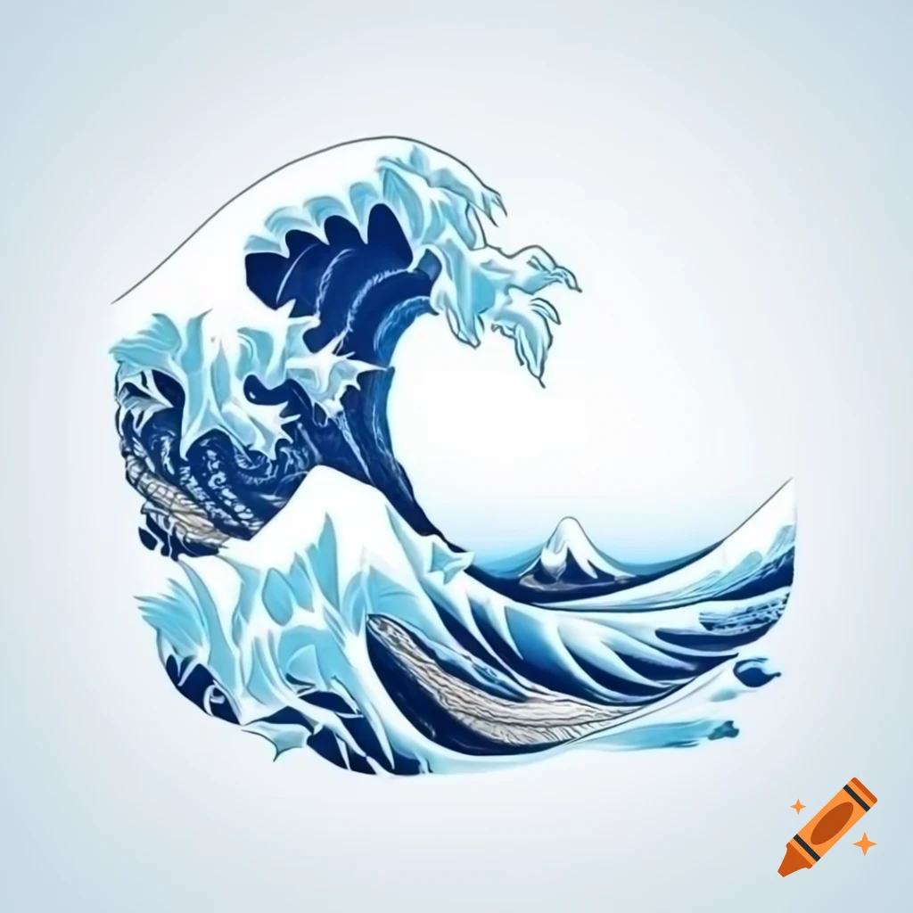 Simple Japanese style cartoon blue wave graphic on white background
