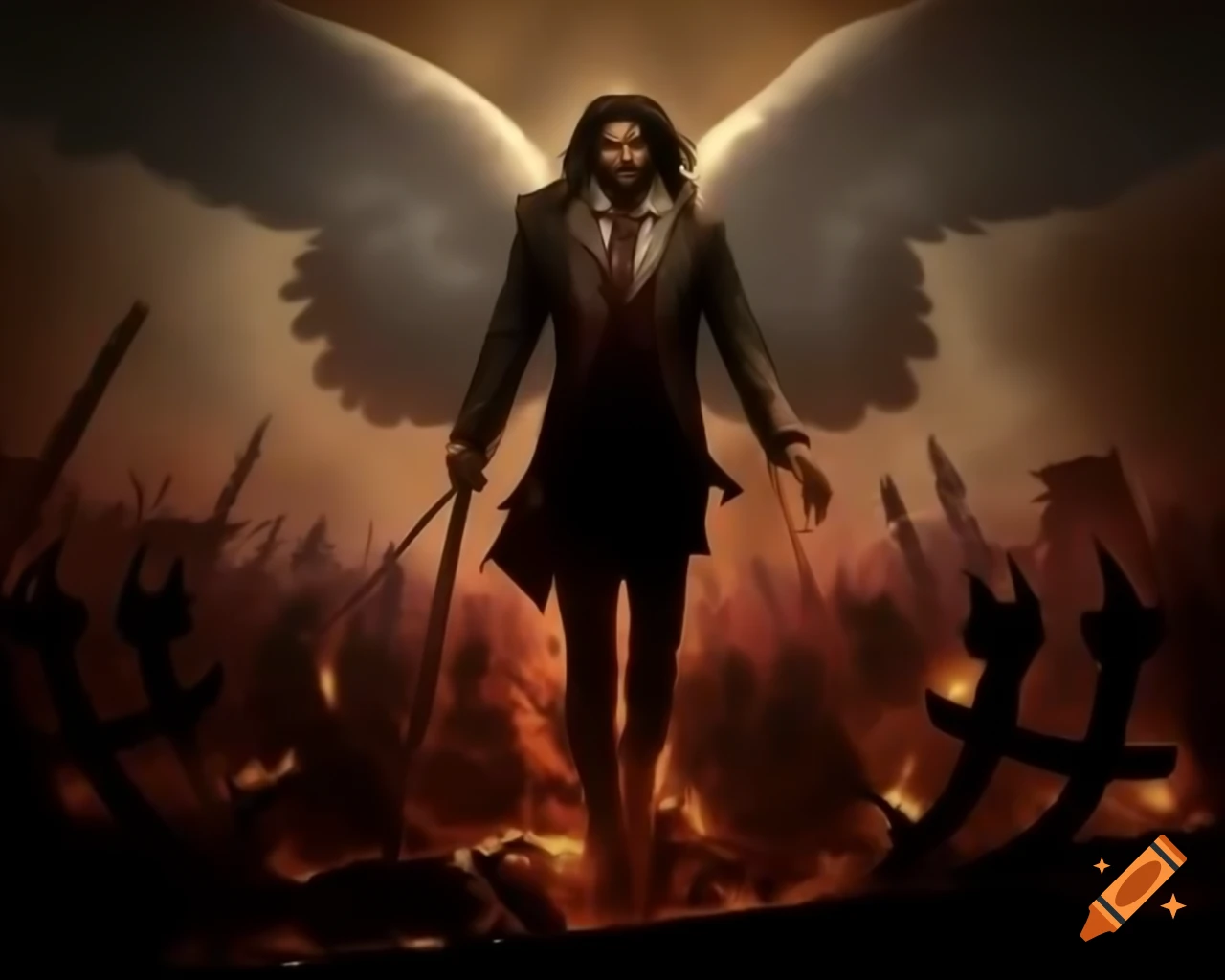 Anime depiction of Lucifer the fallen angel with civil war scenery