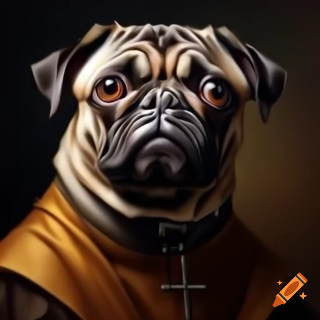 Ancient portrait painting of a pug in priest attire