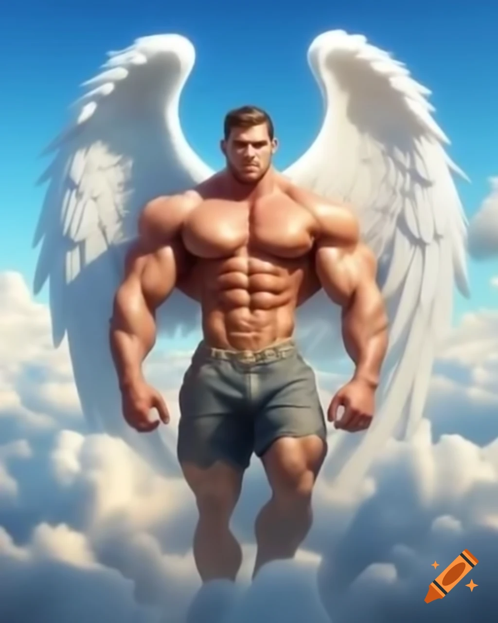Muscular angel and his human male partner on clouds