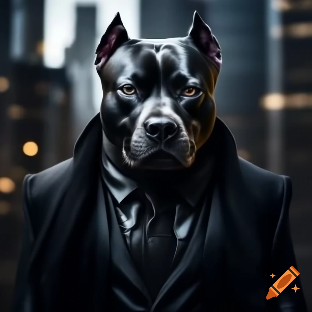 Powerful pit bull against city skyline at night