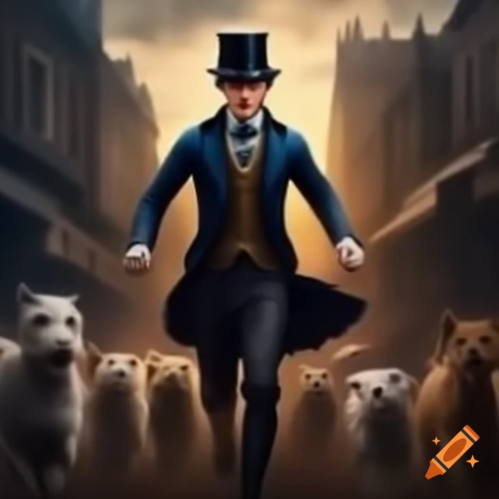 Victorian man fleeing from group of animals