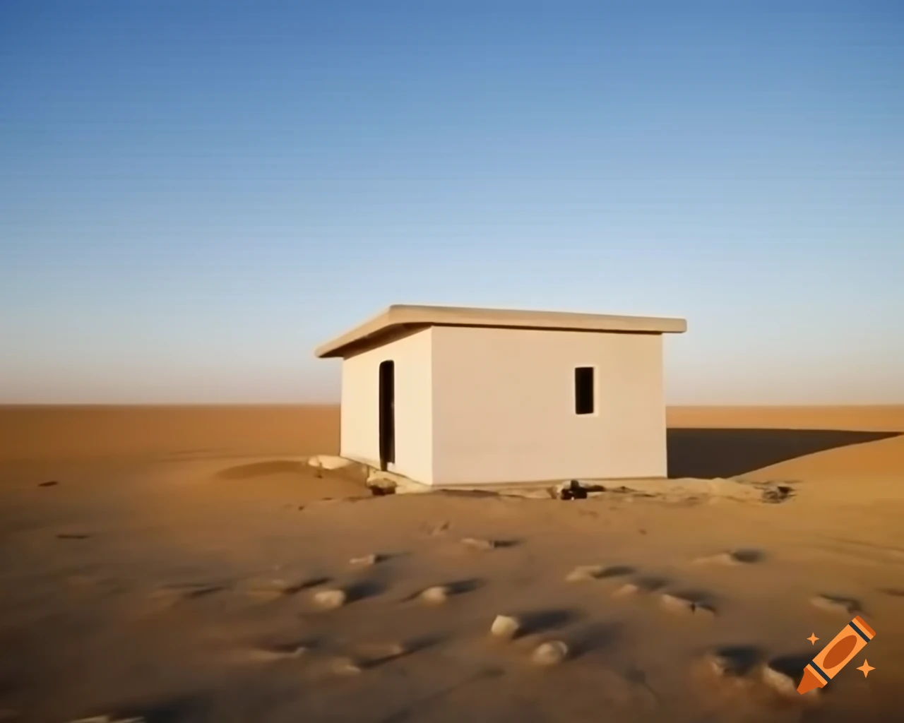 Flat-roofed middle-eastern cabin in dry landscape with sparse vegetation