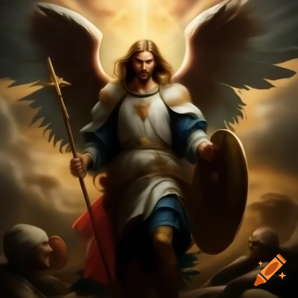 Saint Raphael the Archangel with spear and shield on a battlefield