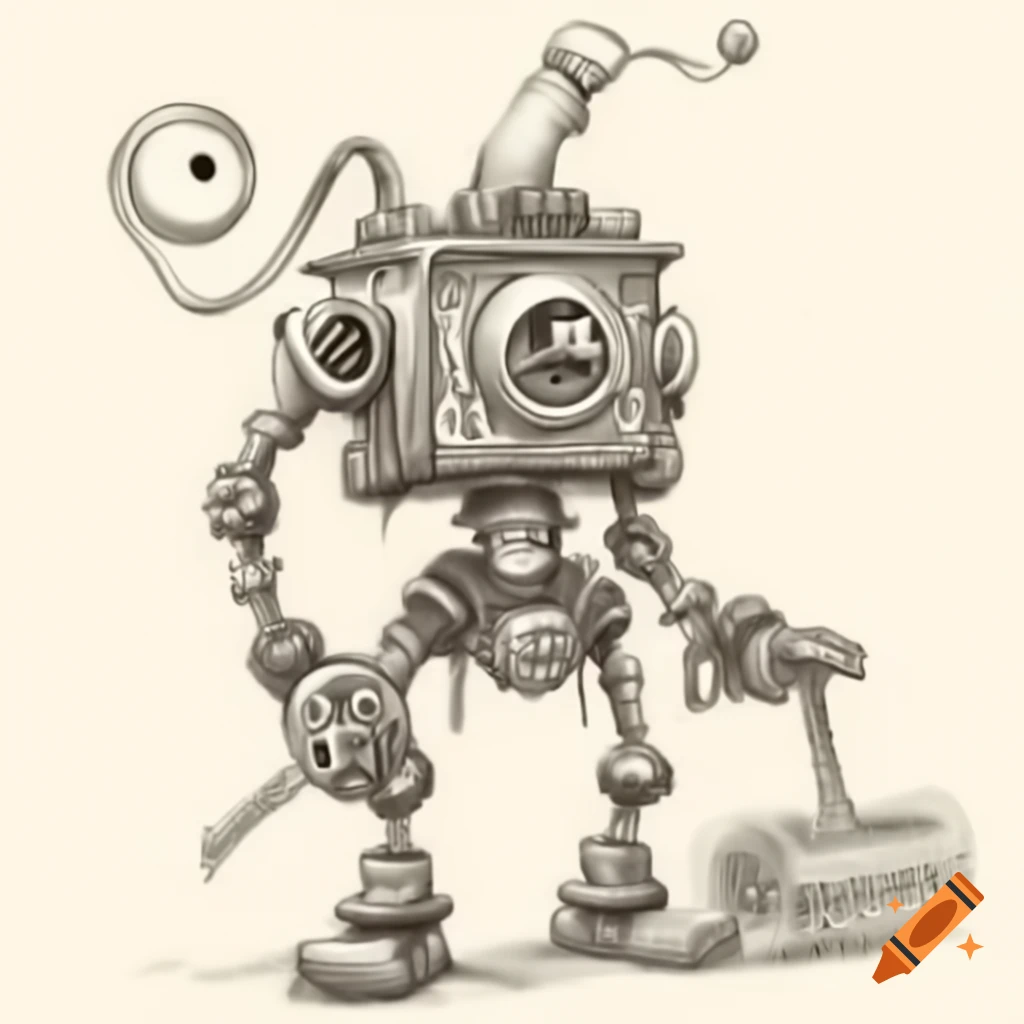 Steampunk goblin robot made of brass and gears, charmingly strutting while sweeping the floor