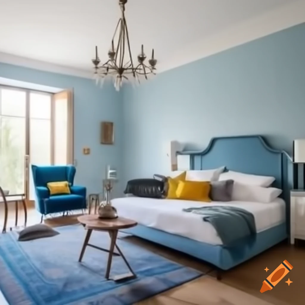 Habitación con cama de matrimonio, sillón azul, sofá y televisor viejo en mesa, muebles azules y amarillos
