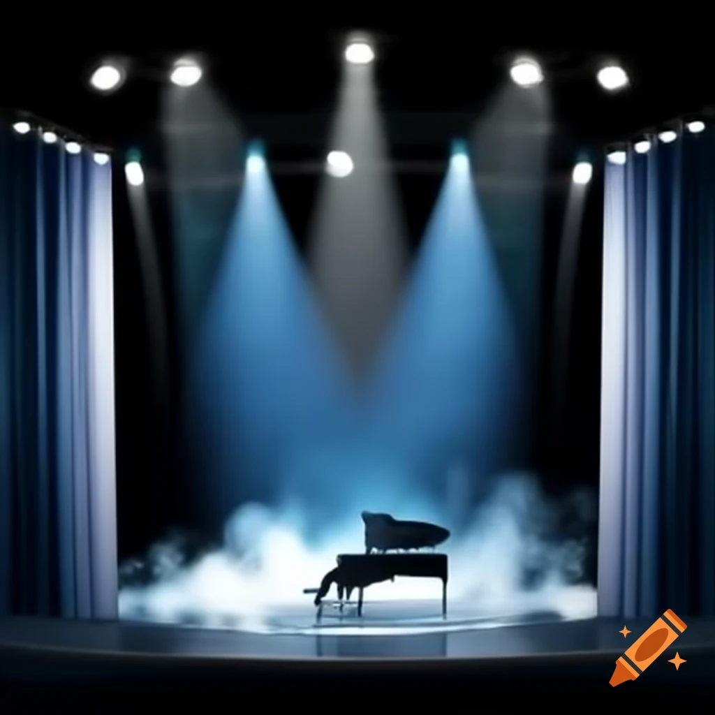Small stage with black curtains, blue and white lights, microphone, and piano