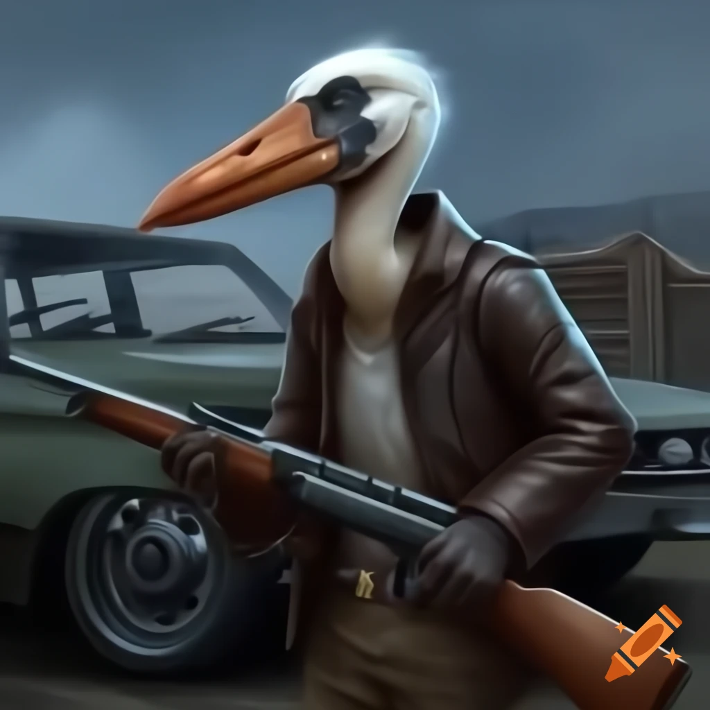 Human-bodied creature with Shoebill head in leather jacket holding rifle next to old Mazda car