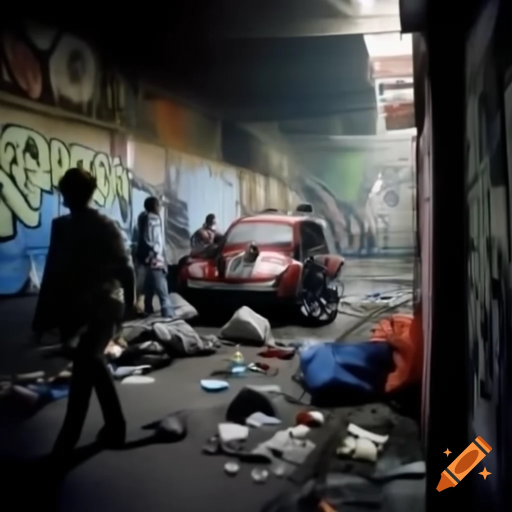 Street scene from car showing urban environment with graffiti and homeless individuals