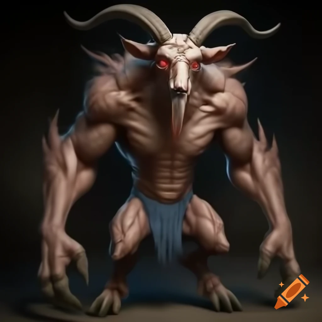 Realistic goat-headed demon with large horns and muscular legs, standing in serious pose