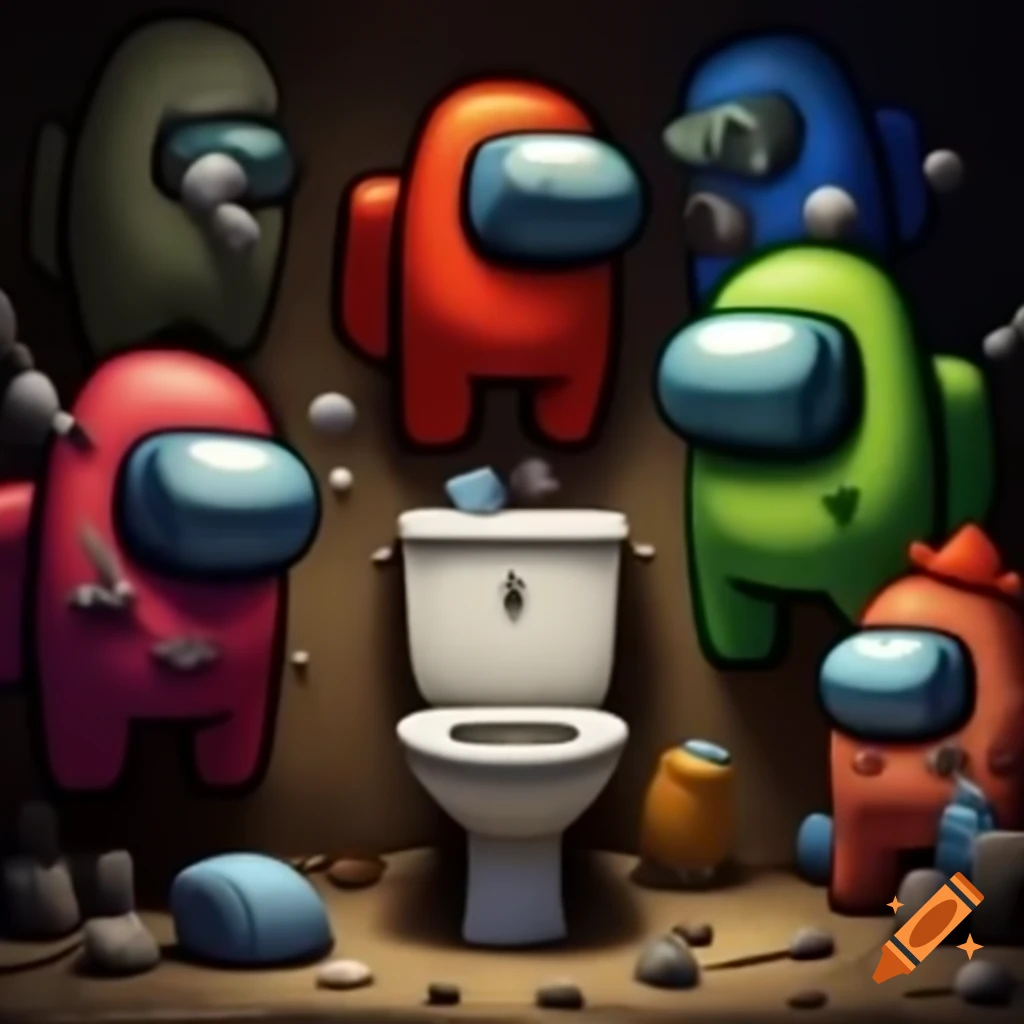 Humorous scene with Skibidi Toilet and Among Us characters, El Primo in background