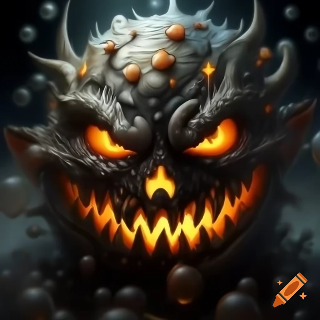 Hyper realistic fantasy monster resembling a crude oil bubble with glowing brown eyes and sharp mouth
