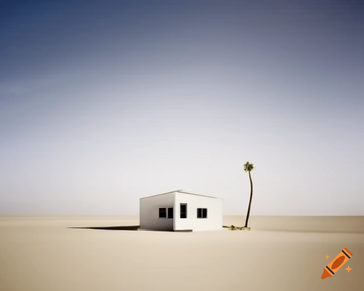 Levantine-style white cabin in barren desert landscape with resilient palms