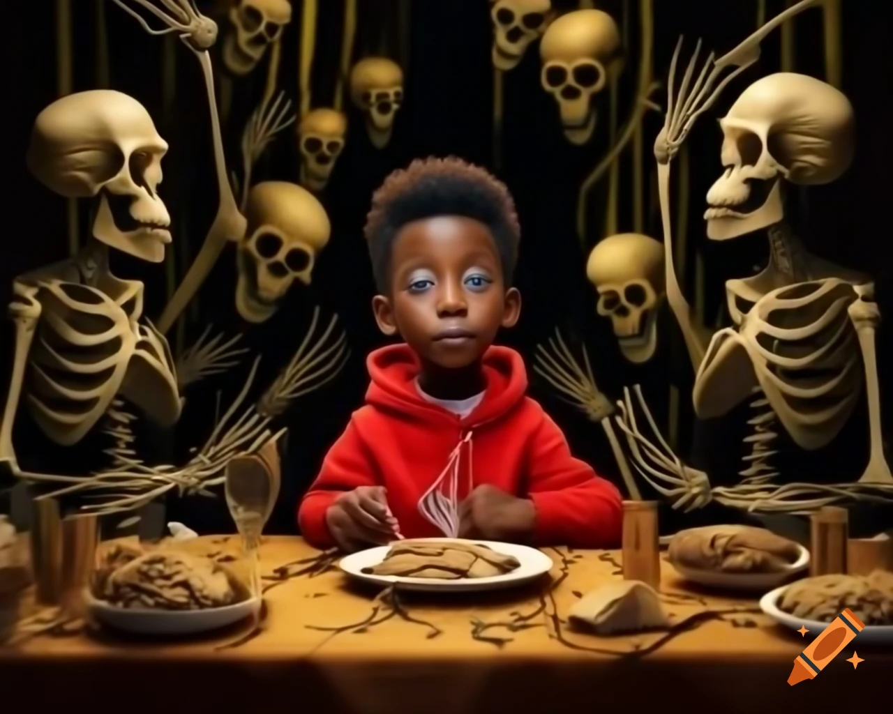Boy in red hoodie celebrating with skeletons at a party