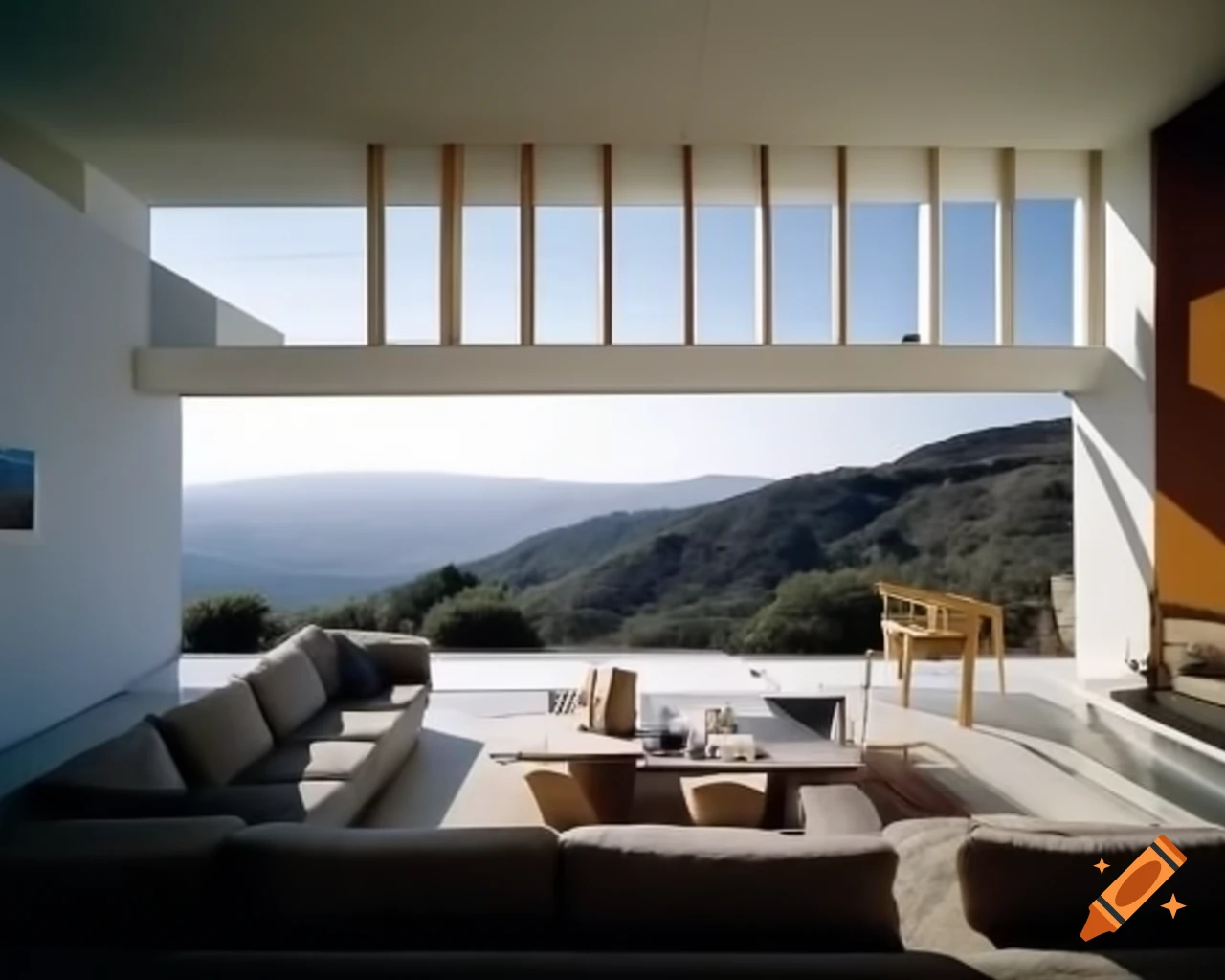 Contemporary living room in Greek home with stunning landscape views