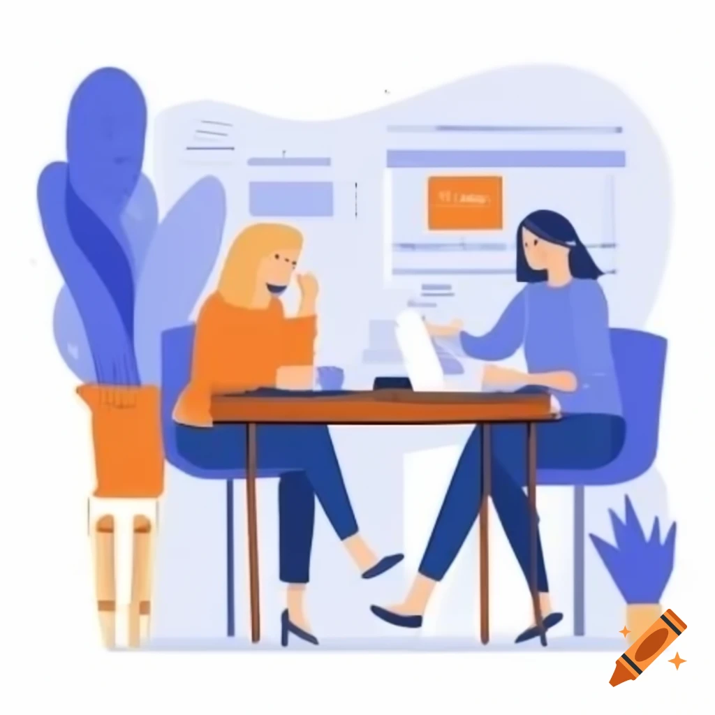 Vector art of two women engaged in conversation at work