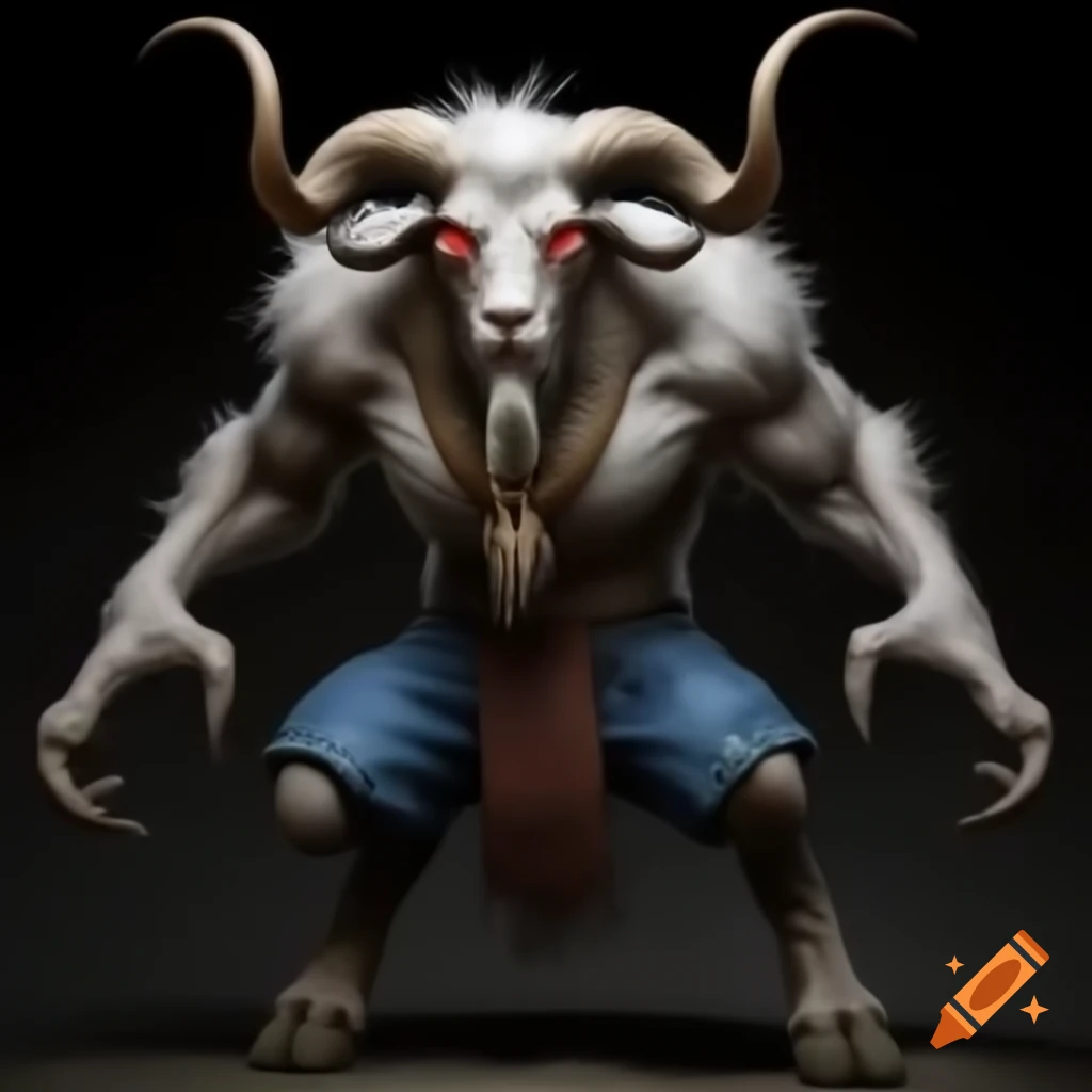Strong goat-headed demon with large horns and muscular legs, HD realistic