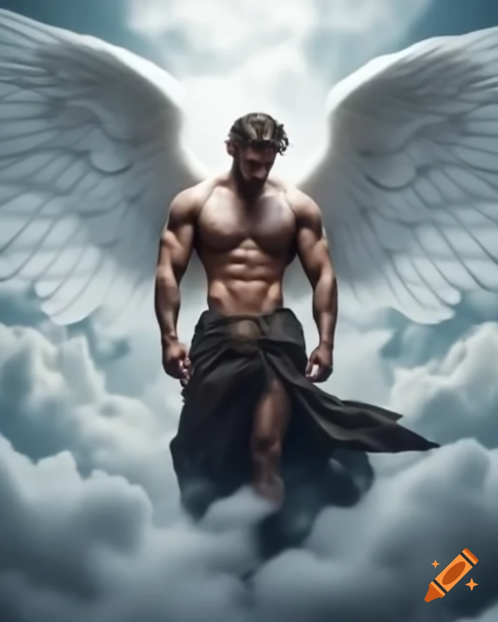 Muscular angel and human male partner in a heavenly cloud setting