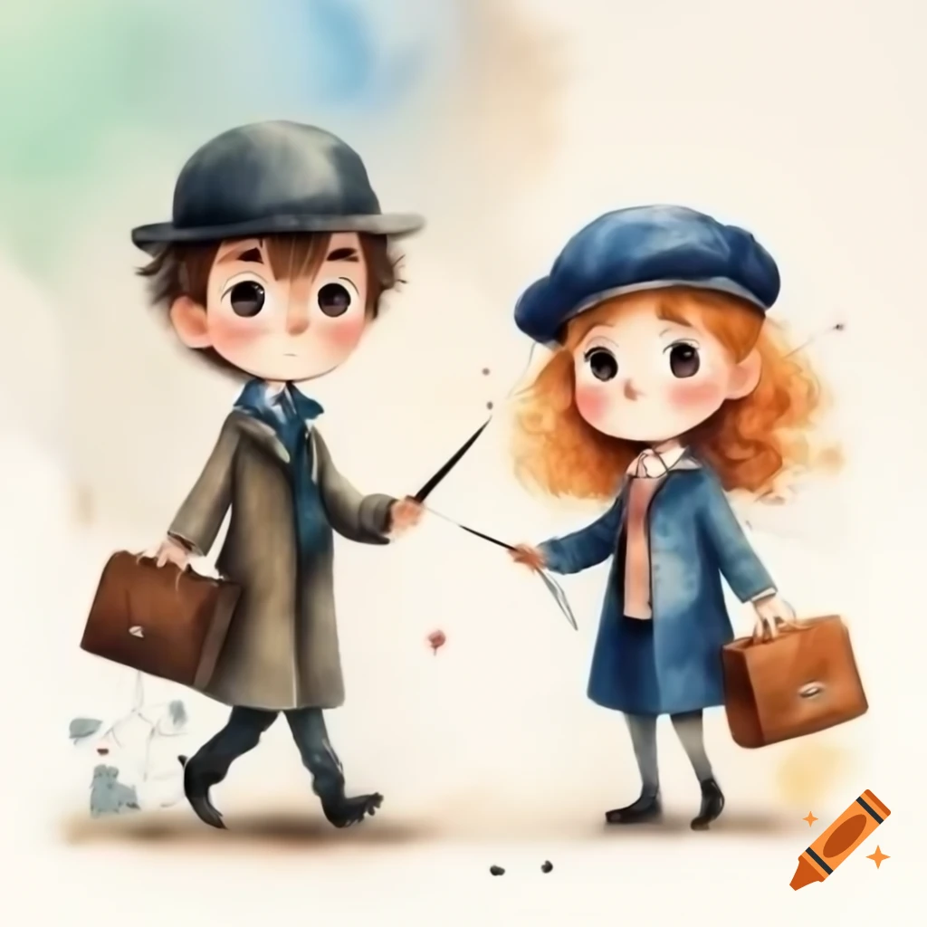 Watercolor boy and girl detectives in Sherlock Holmes style on bright background