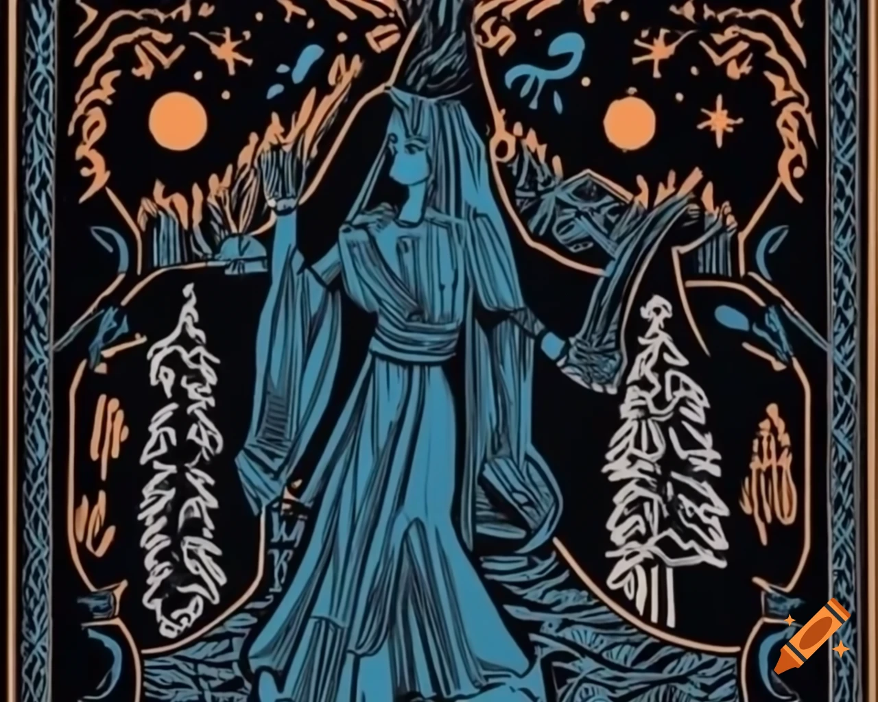 High definition tarot card of The Priestess featuring gypsy dancer with intricate backgrounds