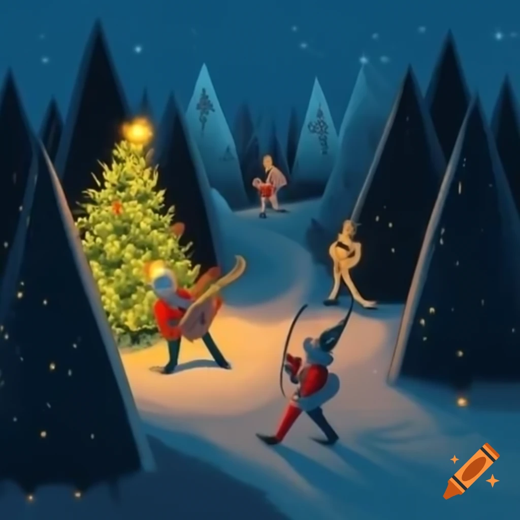 Musicians walking on Christmas path with fir trees on either side