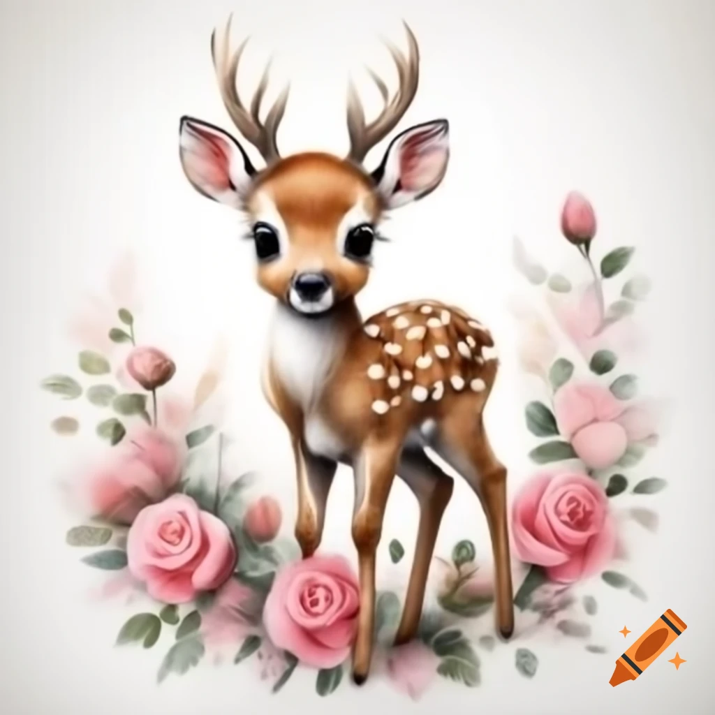 Watercolor depiction of baby fawn deer with pink roses on a white background