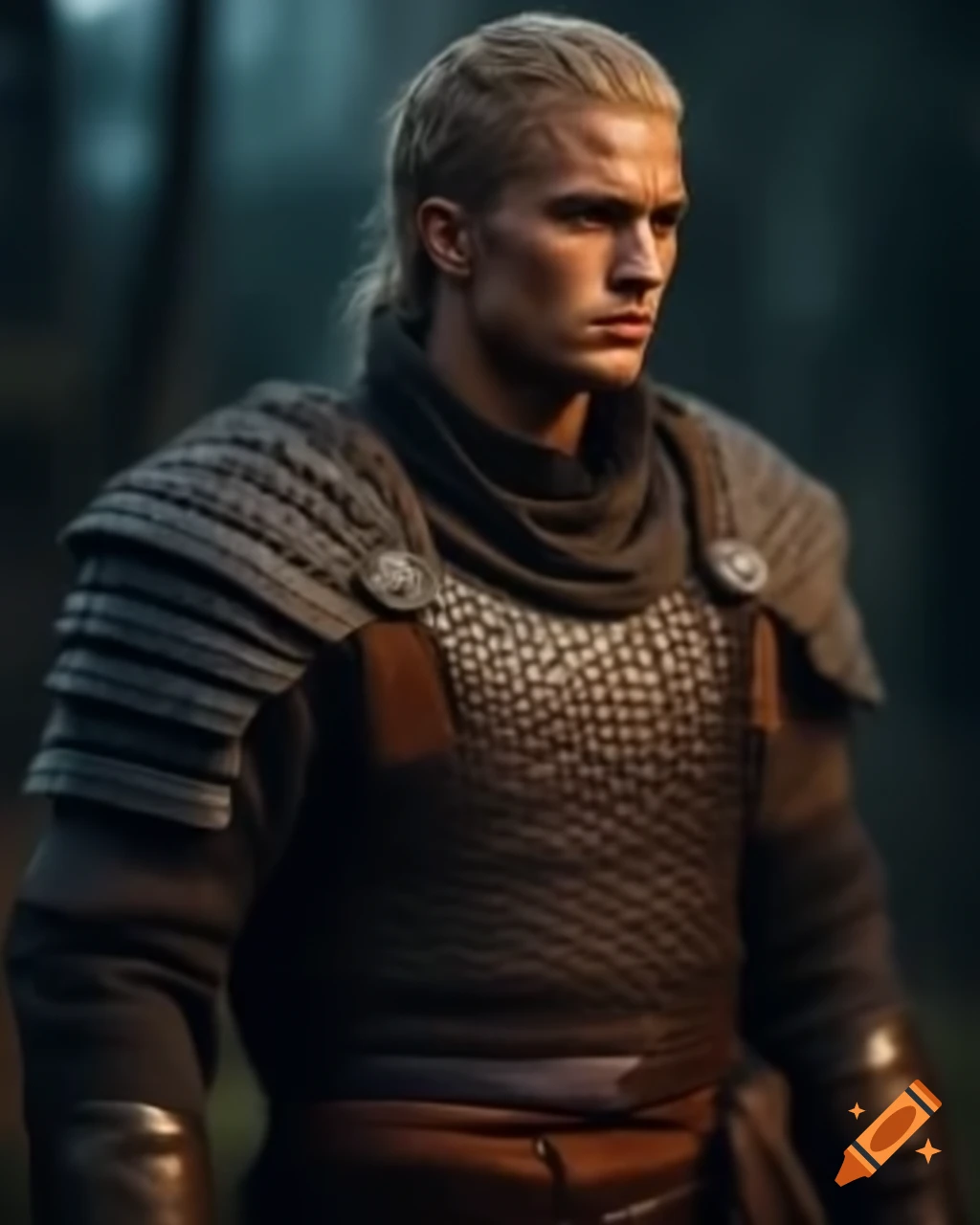 Male fantasy warrior in chainmail and helmet standing strong