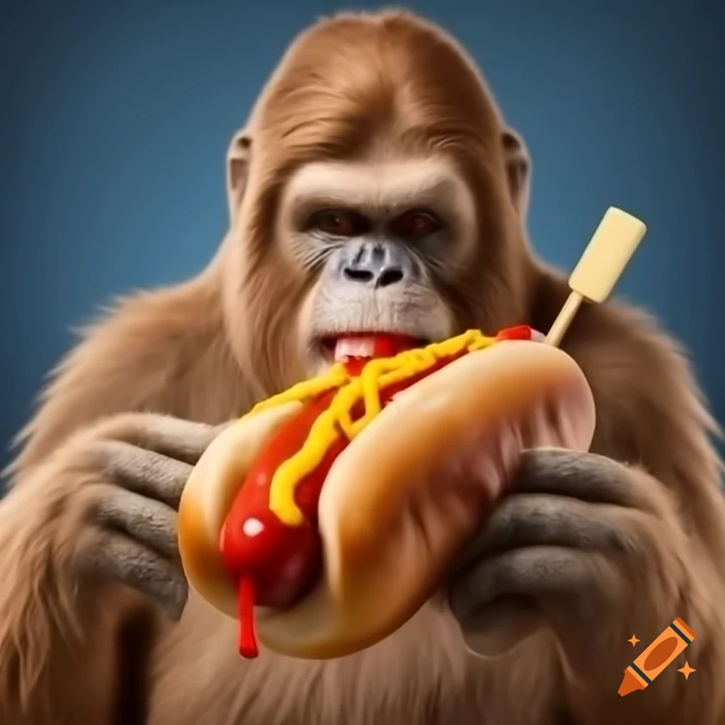 Bigfoot playing American football with a hotdog topped with ketchup