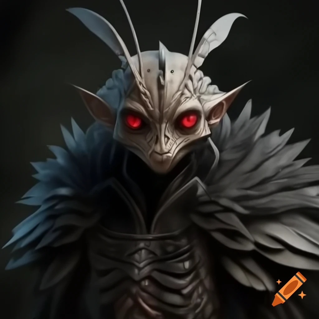 Detailed mothman cryptid character with red eyes and feather antennas