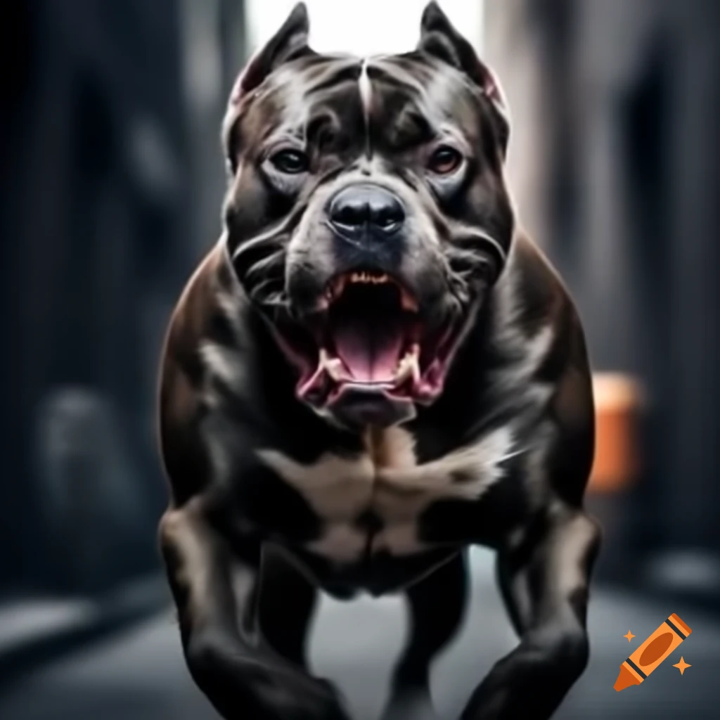 Muscular Cane Corso dog in aggressive stance, showing fierce expression