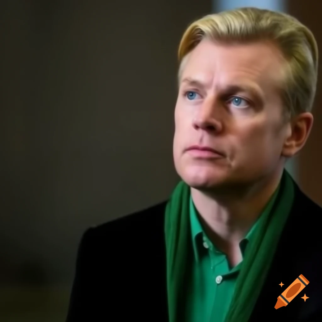 Blonde male politician in green attire displaying ambition and seriousness
