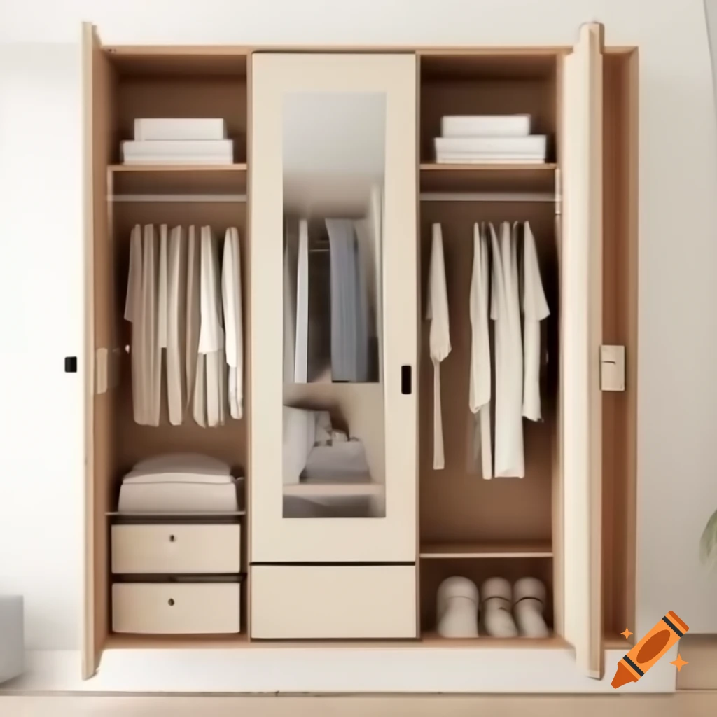 Almirah design layout with two sides for hanging clothes and additional compartments