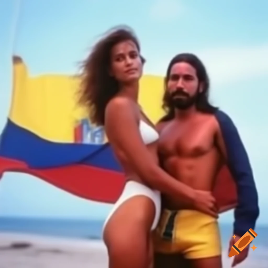 1994 beach photo of a woman and man with Colombian flag in background