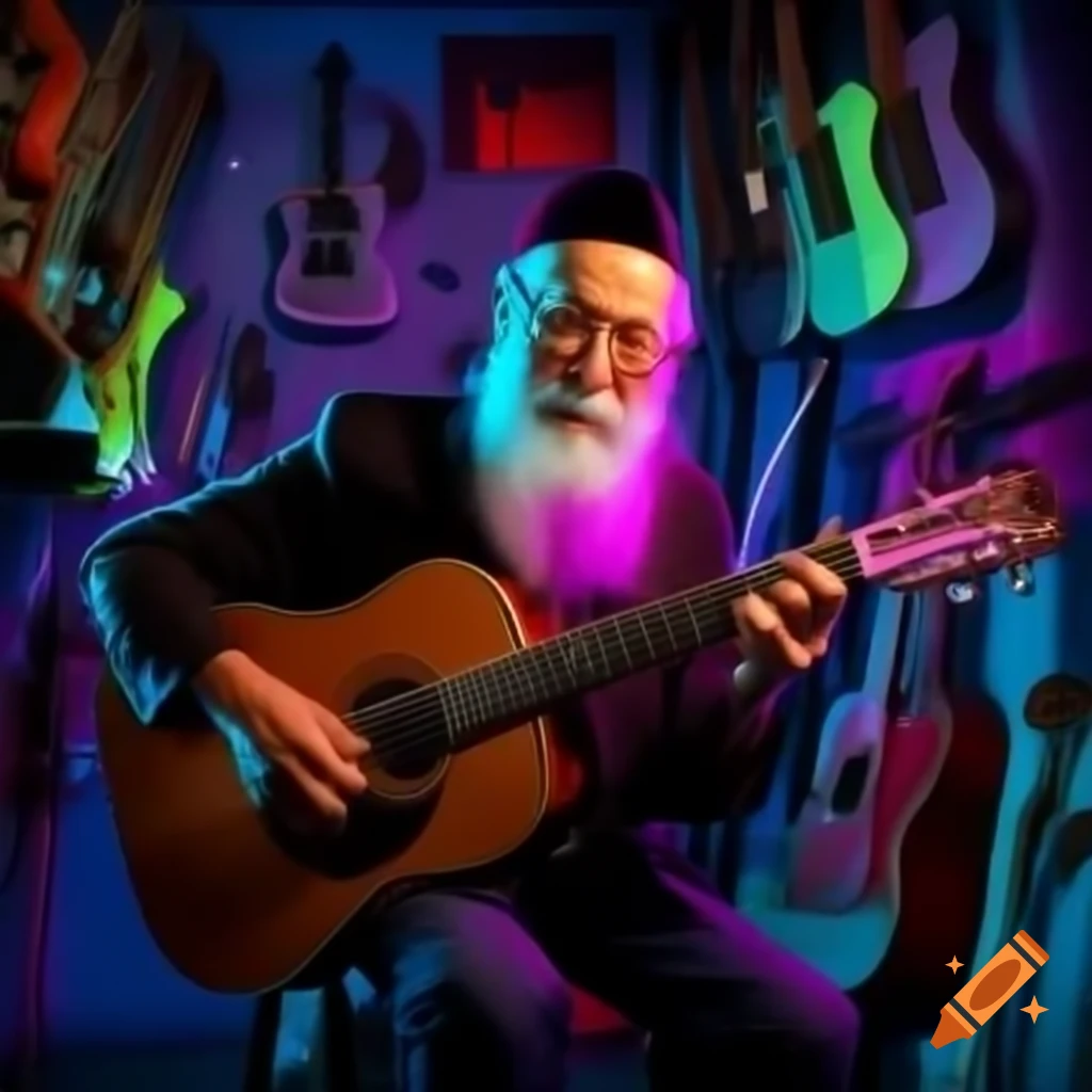 Nighttime guitar lesson in room with colorful neon lights