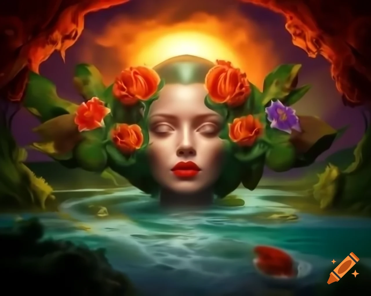 Hyper realistic depiction of a beautiful woman with golden hair in a dreamlike setting