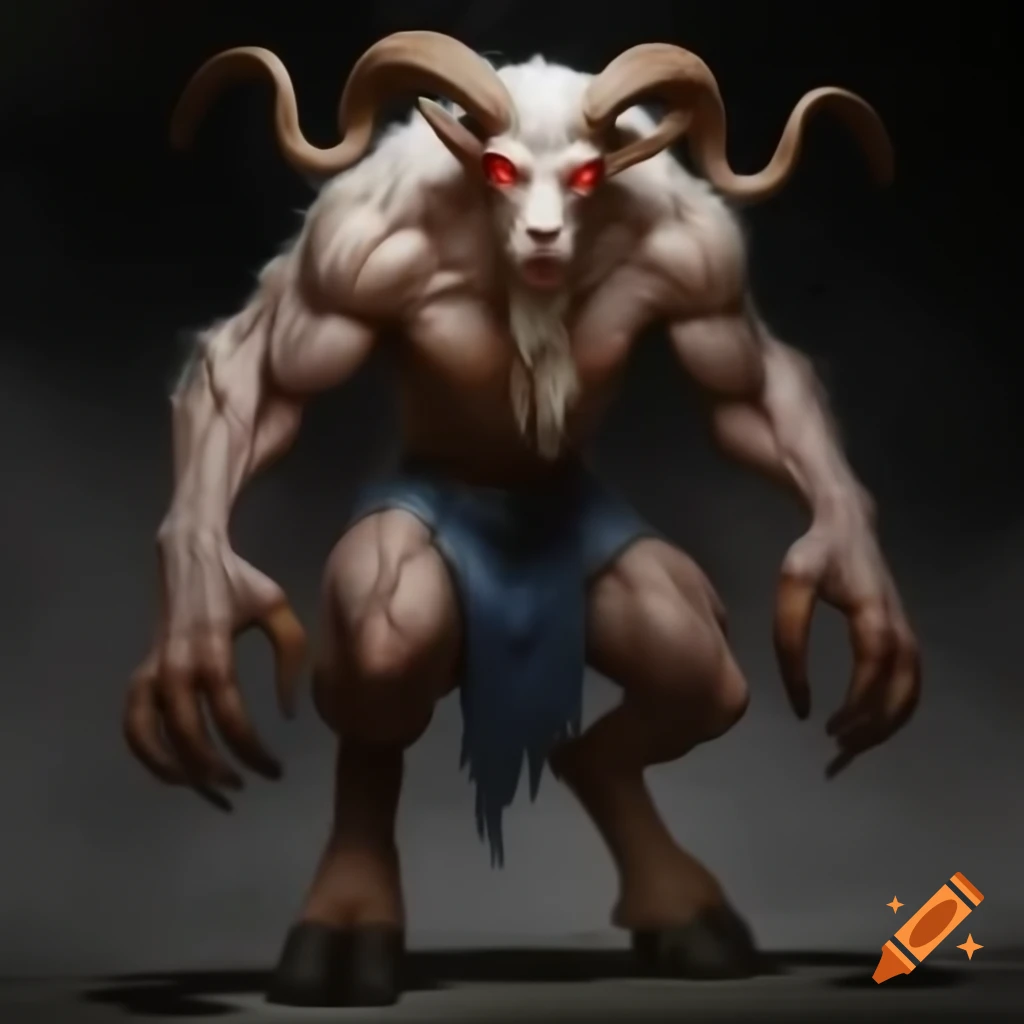 Strong goat-headed demon with large horns and muscular build in standing posture