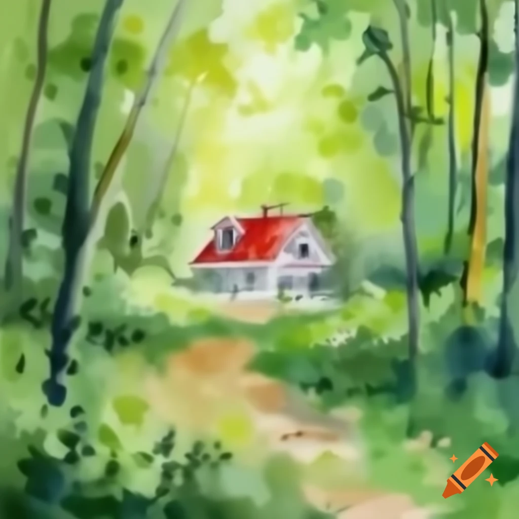 Impressionist watercolor painting of house in woods