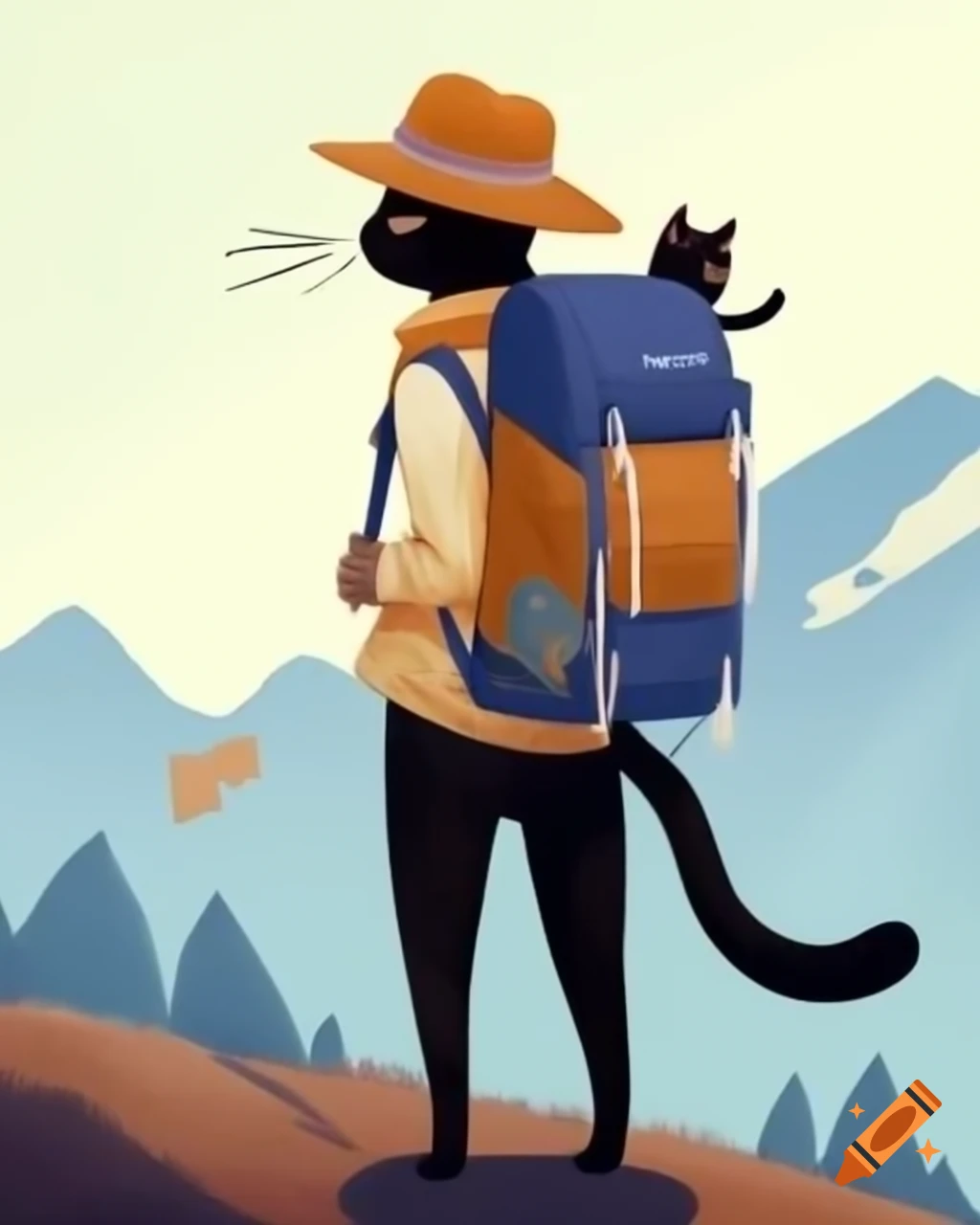 Black cat standing upright as a tourist in mountains, holding map with backpack and hat