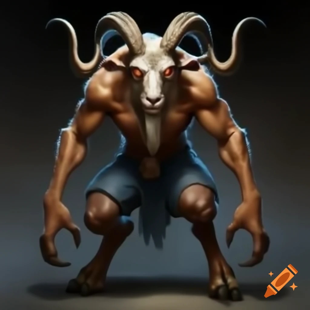 Muscular goat-headed demon in standing posture, wearing blue short jeans, HD realistic