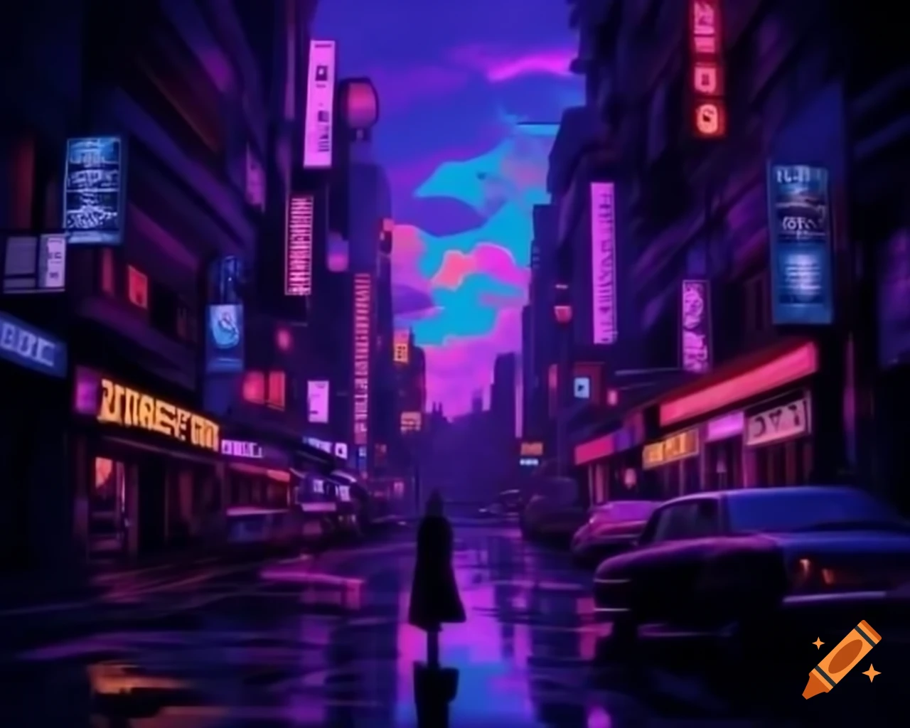 Surreal fantasy illustration with neon colors and purple lighting