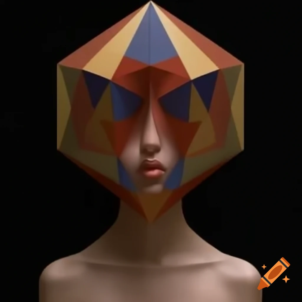 Surreal artwork of a human with geometric head and smooth forms against simple colors