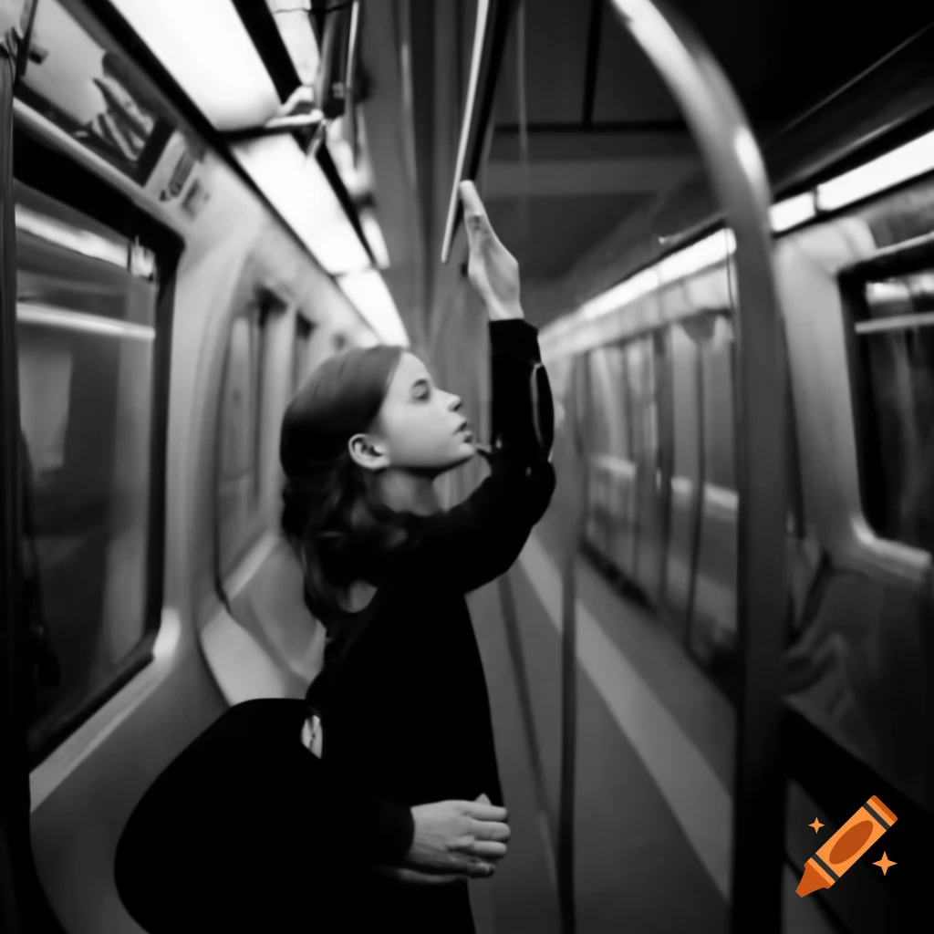 Girl holding handrail in metro, side view perspective