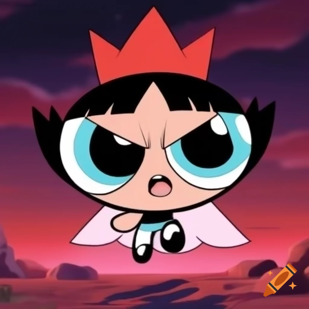 PowerPuff Girl alien queen battling Goku in fierce fight, cosmic scene