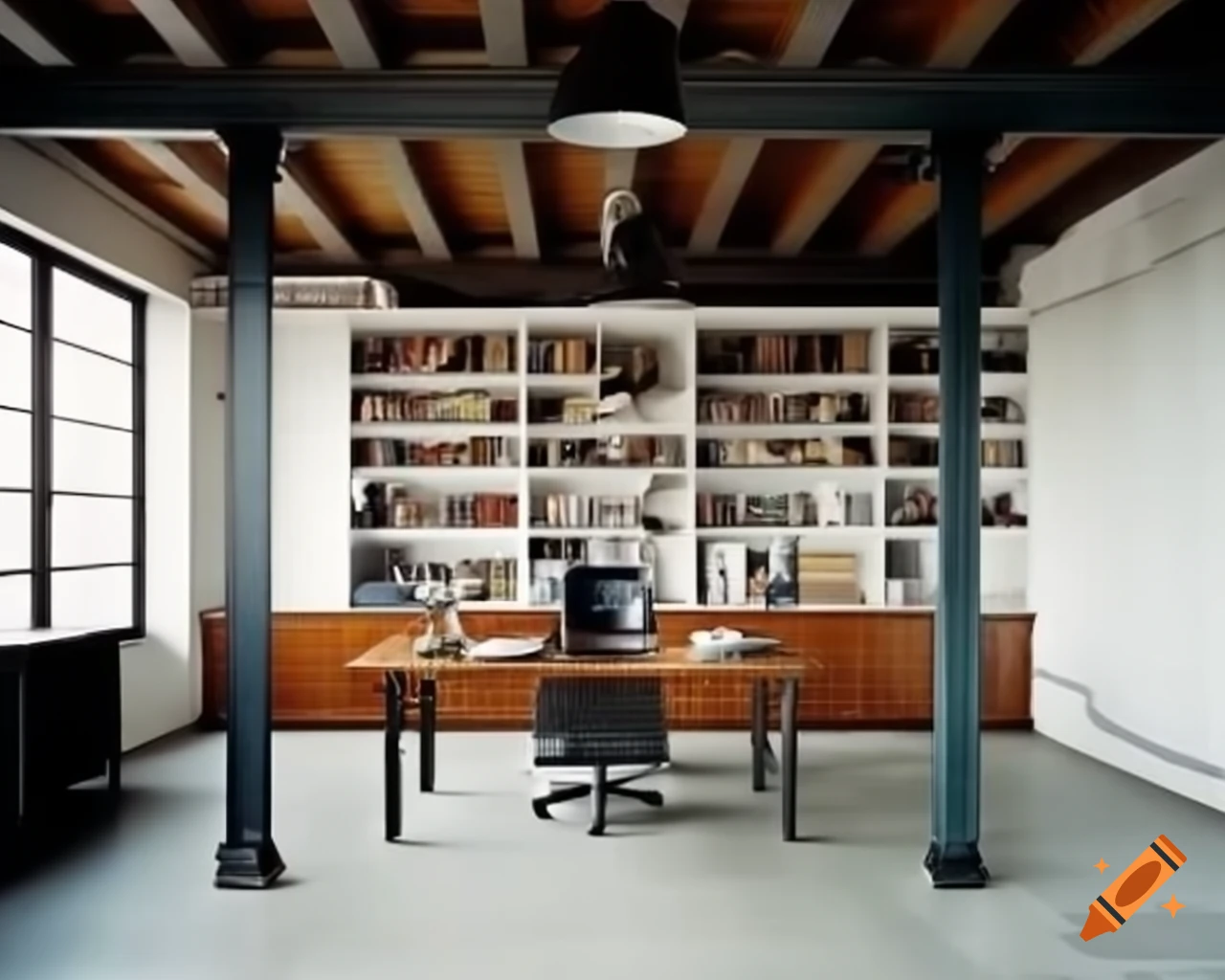 Industrial-style office with concrete floors and wooden desk, minimalist design
