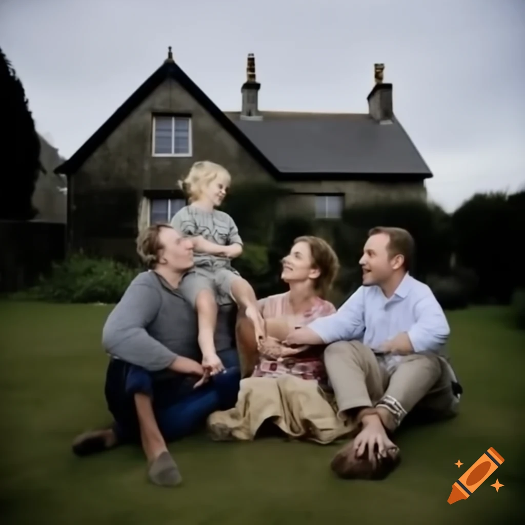 Family enjoying casual time together in cottage garden in Cornwall